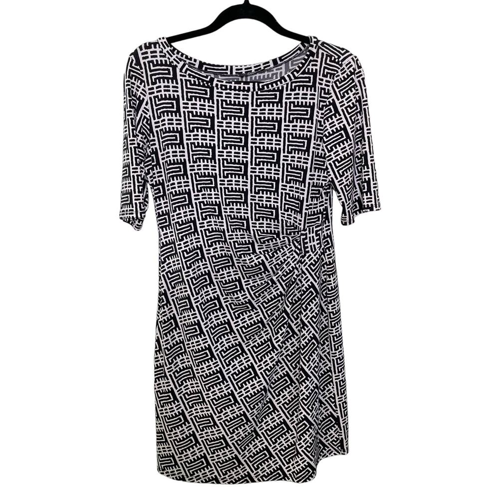 MSK Sheath Dress Elbow Sleeve Ruche Side Geometric Pattern‎ Black White Medium